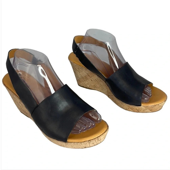 KORK-EASE Cork Wedge Sling-backs Navy Blue Leather Platform Open Toe Size 10 - Picture 2 of 13